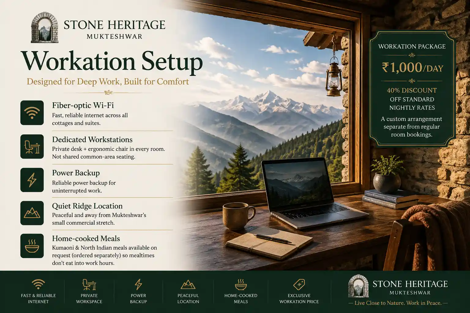 Dedicated wooden desk workstation with high-speed fiber Wi-Fi and mountain view at Stone Heritage Mukteshwar